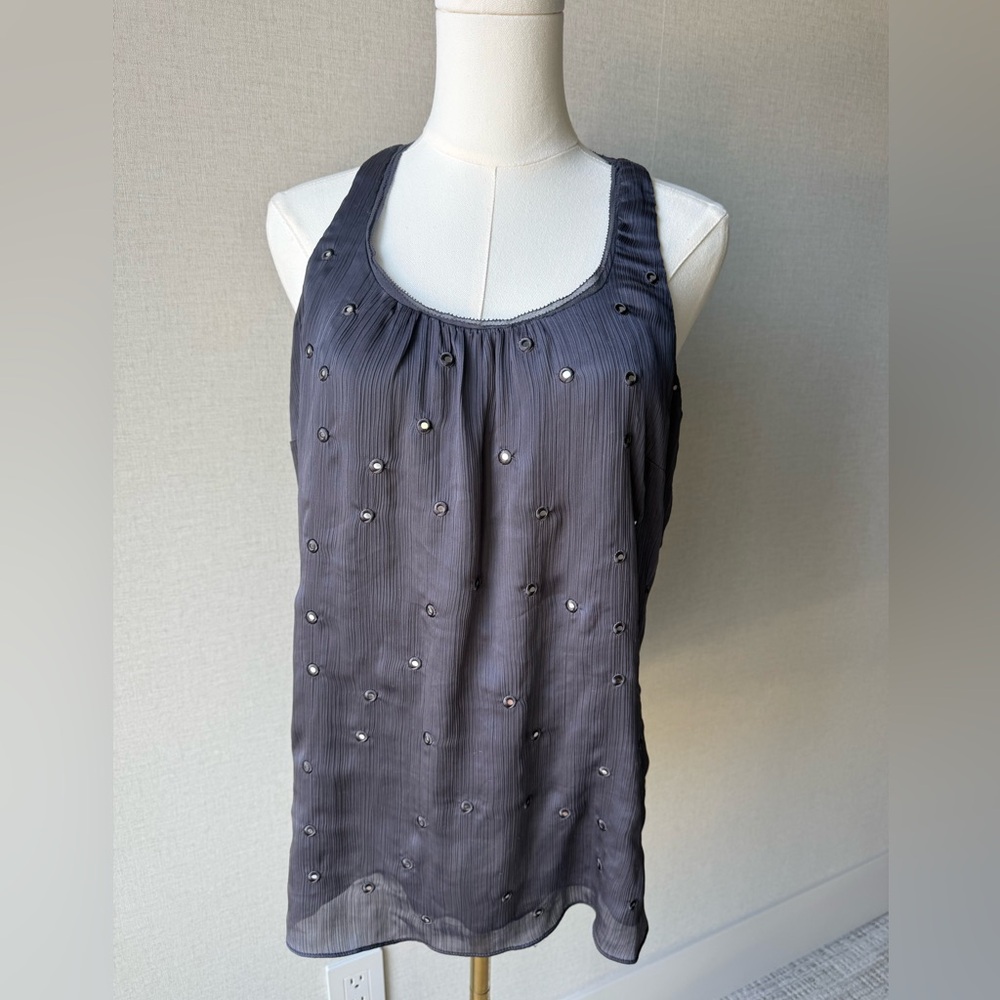 White House Black Market Gray Embellished Pleated Scoop Neck Tank